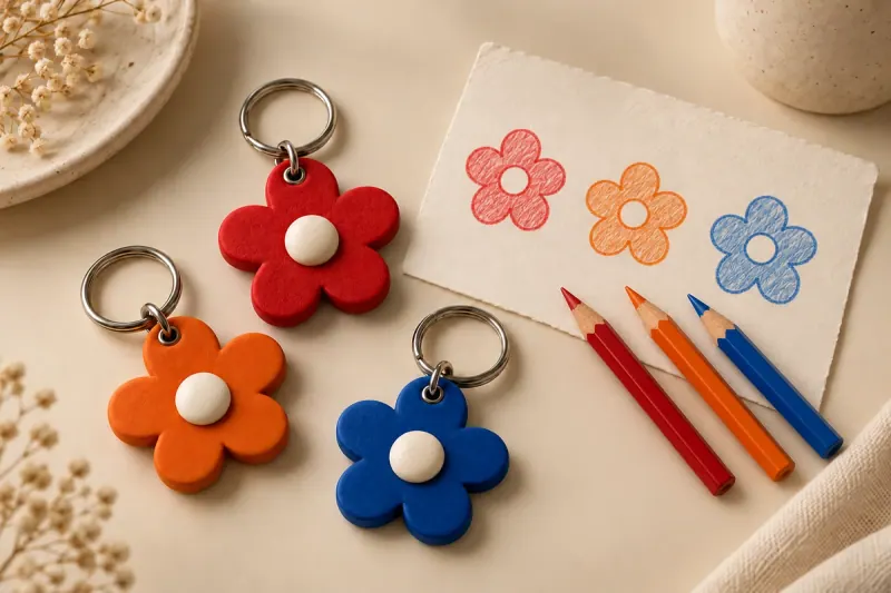 Opções de cores e formatos para personalizar um chaveiro de flor