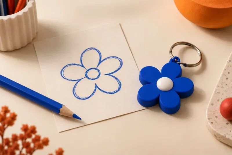 Desenho de uma flor ao lado de um chaveiro azul personalizado