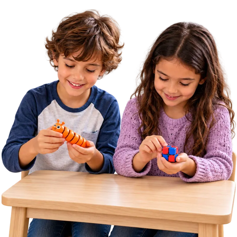 Duas crianças explorando pequenos brinquedos sensoriais nas mãos: uma lagarta laranja e um cubo azul e vermelho